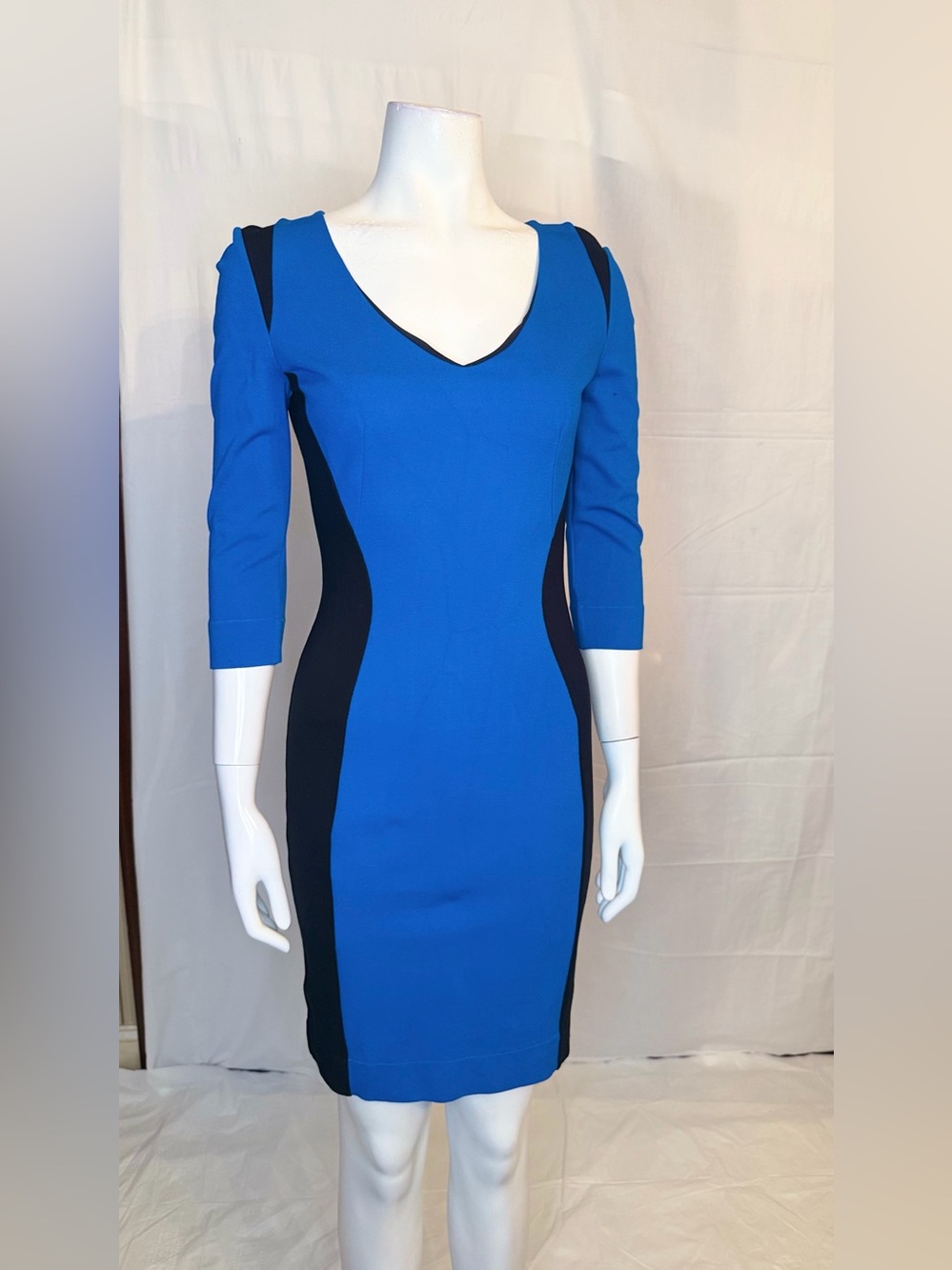Just Cavalli Blue and Black Bodycon V-Neck Midi Dress